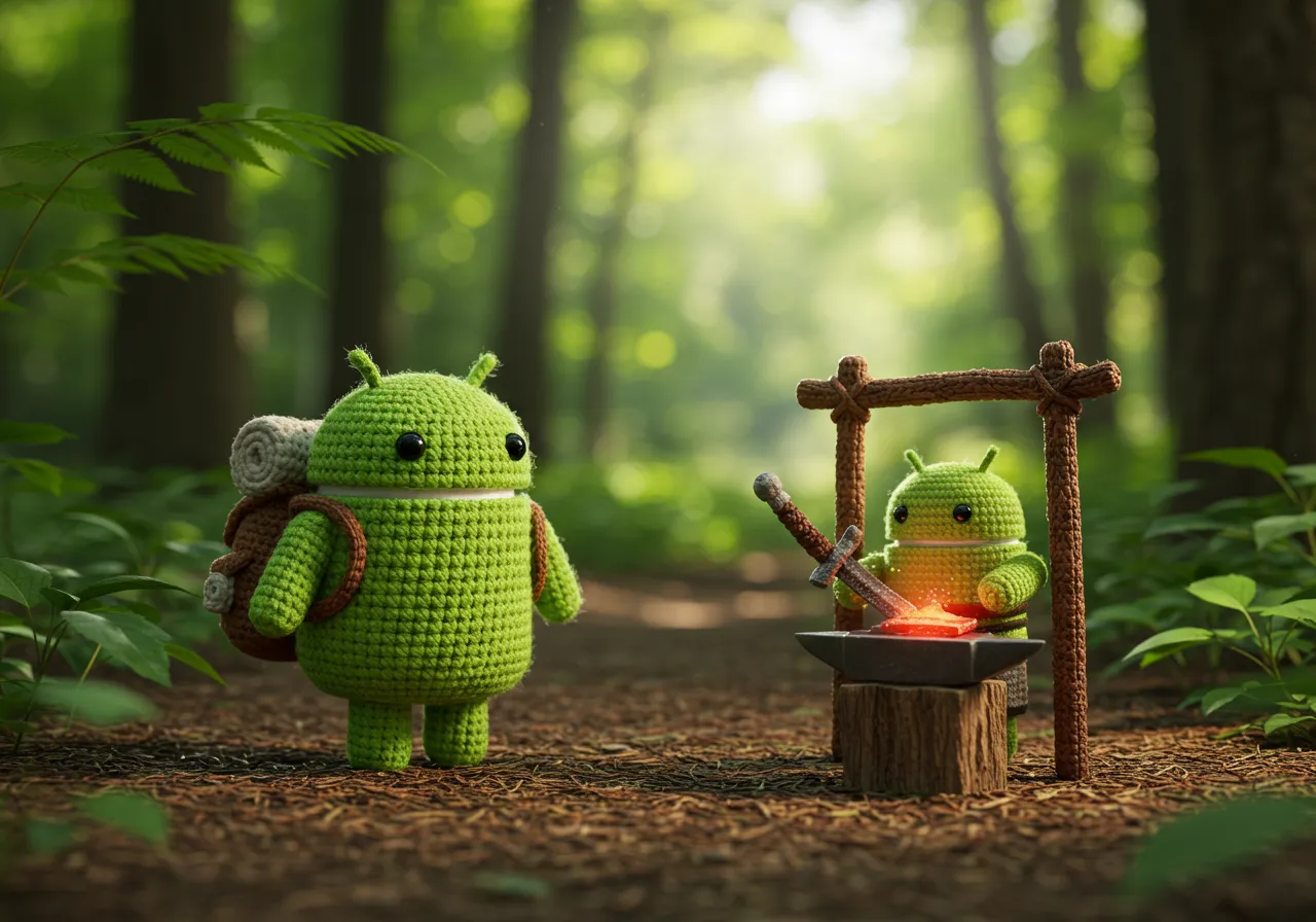 A crochet Android character is having a sword made in a forest clearing by another crochet Android character