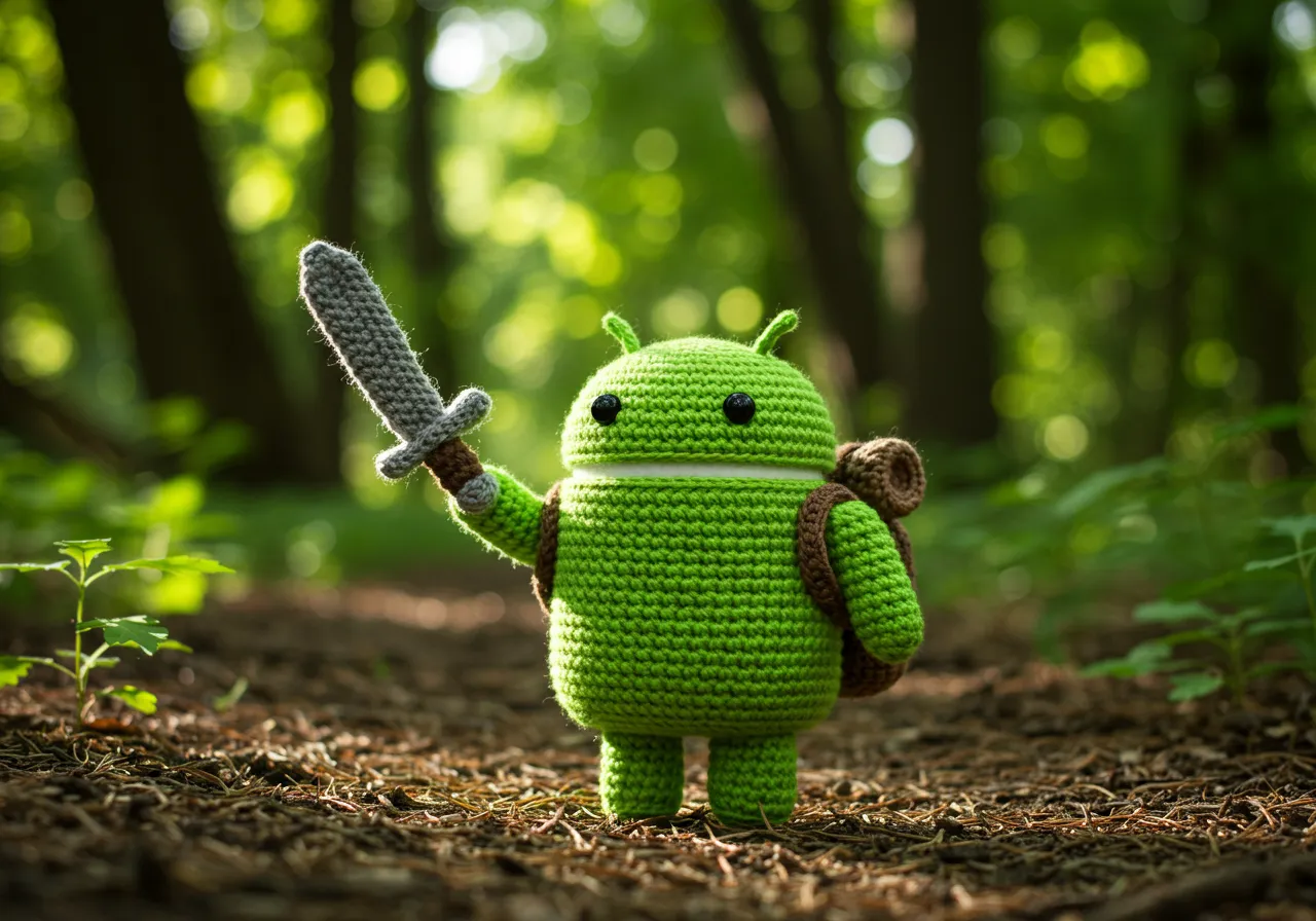 A cute crochet Android character holds up a sword in a forest clearing